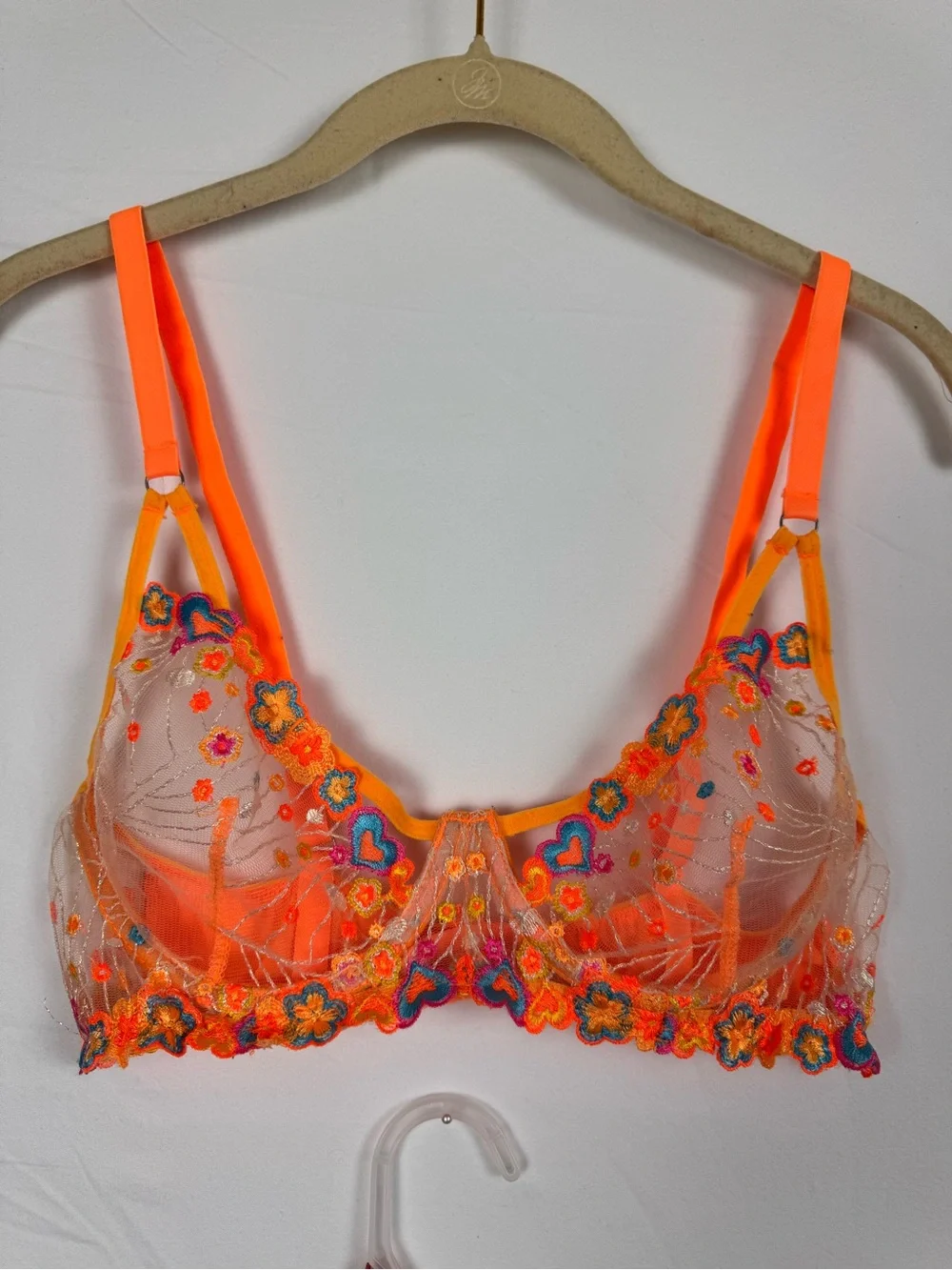 Source Unknown Neon Orange Embroidered Sheer Bra & Garter Set